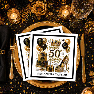 Luxe goud en zwarte glitterspetters 50ste verjaard servet