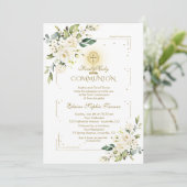 Luxe Goud Glitter Witte Bloem Heilige Communie Kaart (Staand voorkant)