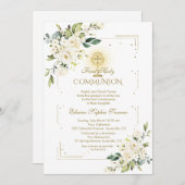 Luxe Goud Glitter Witte Bloem Heilige Communie Kaart (Voorkant / Achterkant)