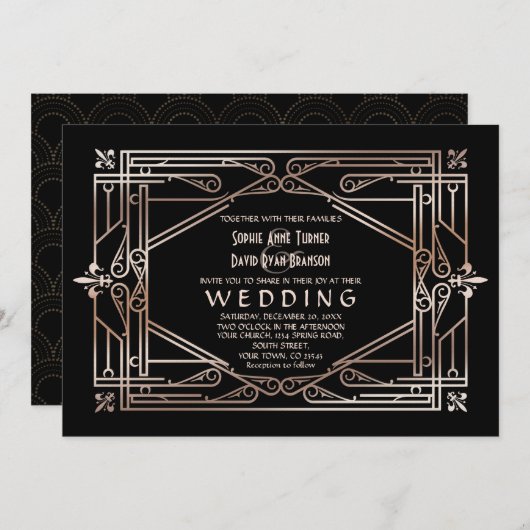 Luxe Goud Grote Gatsby Art Deco 20s Trouwdag Kaart (Voorkant / Achterkant)