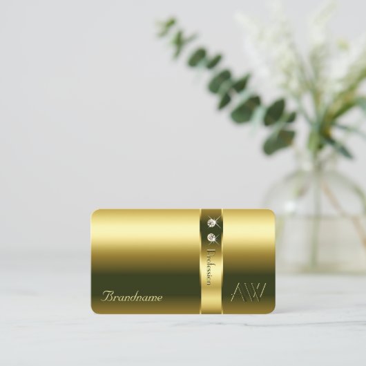Luxe Goud Heldere Glinsterende Juwelen en Monogram Visitekaartje (Staand voorkant)