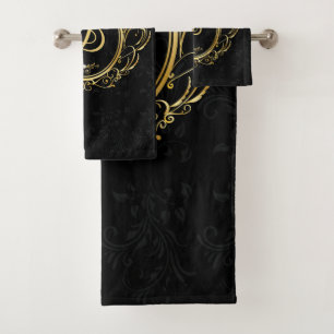 Luxe Goud Lijst Monogram Zwart damast achtergrond Bad Handdoek