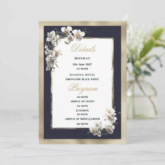 Luxe goud marine blauw wit orchidee Details Progra Kaart (Staand voorkant)