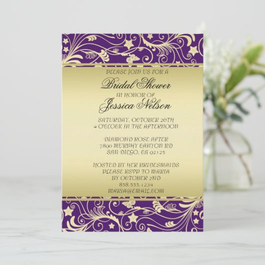 Luxe Goud Paarse Bloemen Swirls Douche Invite Kaart (Staand voorkant)