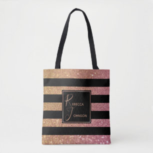 Luxe Goud Roze Glitter Strepen Monogram Naam Draagtas