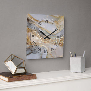 Luxe goud & witte stromende marmer vierkante klok
