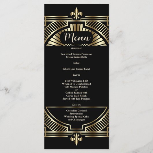 Luxe Goud Zwart Art Deco Bruiloft Roaring Twenties Menu (Voorkant)