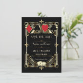 Luxe Goud Zwart Art Deco Roaring 20s Bruiloft Save The Date (Staand voorkant)