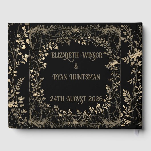 Luxe goud & zwart sepia bloemenafwerking gastenboek (Achterkant)