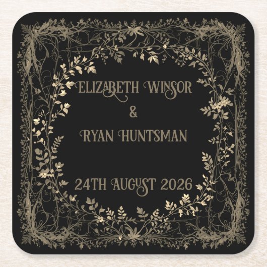 Luxe goud & zwart sepia bloemenafwerking vierkante kartonnen onderzetter (Voorkant)