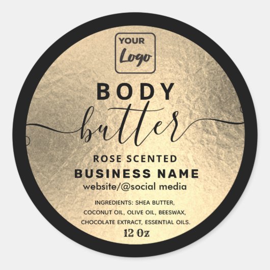 Luxe goudboter logo zwart script ronde sticker (Voorkant)