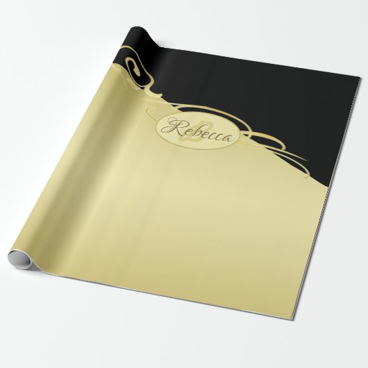 Luxe gouddecoratief op goud en zwart, Monogram, Cadeaupapier (Uitgerold)