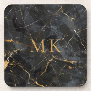 Luxe Gouden Accent Zwart Marmer Monogram Initialen Bier Onderzetter