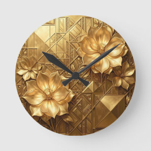 Luxe gouden Art Deco bloemmotief met reliëf Ronde Klok