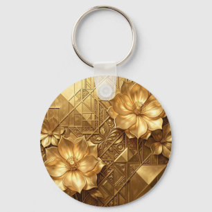 Luxe gouden Art Deco bloemmotief met reliëf Sleutelhanger