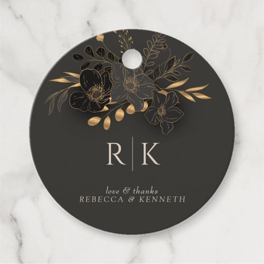 Luxe Gouden Bloemen Liefde Bedankt Monogram Huweli Bedankjes Labels (Voorkant)