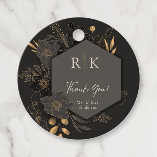 Luxe Gouden Bloemen Monogram Huwelijk Dank u Bedankjes Labels (Voorkant)