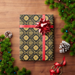 Luxe Gouden Bloemendamaskpatroon op Zwart Cadeaupapier