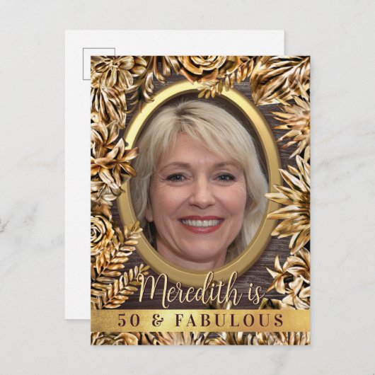 Luxe Gouden Bloemstuk Aangepaste Foto 50 En Fabulo Uitnodiging Briefkaart (Voorkant / Achterkant)