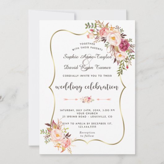 Luxe Gouden Blush Roze Bloem Burgundy Bruiloft Kaart (Voorkant)
