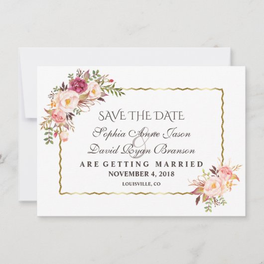 Luxe Gouden Blush Roze Bloem Navy Save The Date (Voorkant)