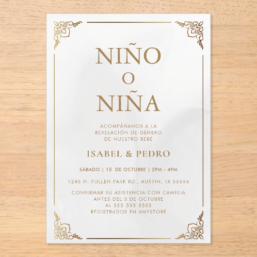 Luxe Gouden  Crème Spaans Geslacht Onthulling Acryl Uitnodigingen (Voorkant)