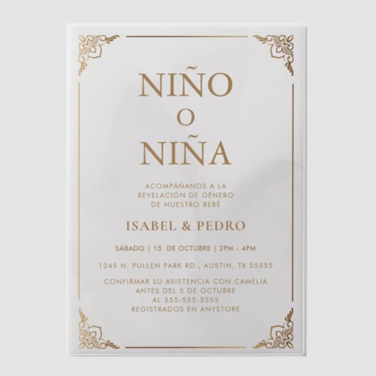 Luxe Gouden Crème Spaans Geslacht Onthulling Vellum Uitnodigingen (Voorkant)