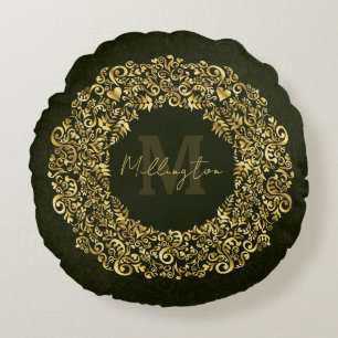 Luxe gouden damast monogram rond kussen