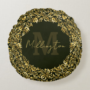 Luxe gouden damast monogram rond kussen