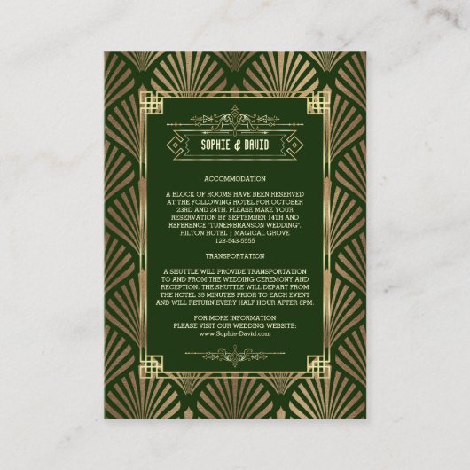 Luxe Gouden Donkergroene Art Deco Trouwdetails Informatiekaartje (Voorkant)