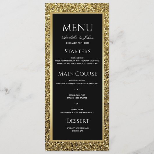 Luxe Gouden en Zwarte Bruiloft Menu (Voorkant)