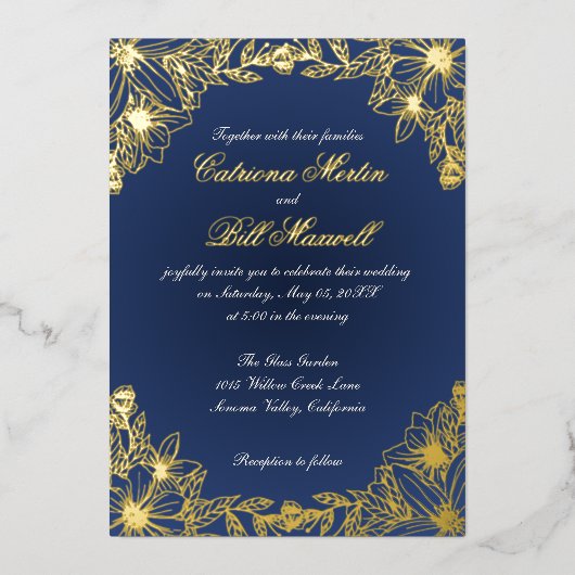 Luxe gouden folie Bloemen bruiloft uitnodiging (Voorkant)