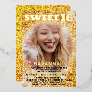Luxe Gouden folie & Glitter Foto Sweet 16 Party Uitnodiging