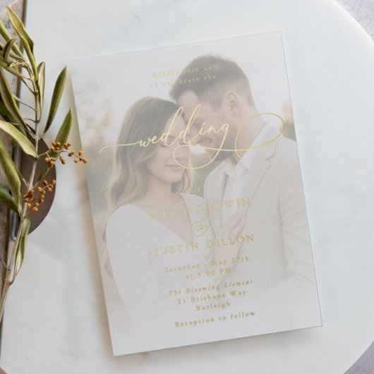 Luxe gouden folie Script & Portret bruiloft Folie Uitnodiging