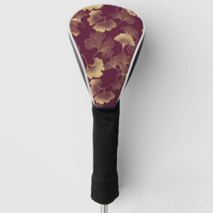 Luxe gouden Ginkgo-bladeren op diepe bordeauxrood  Golfheadcover