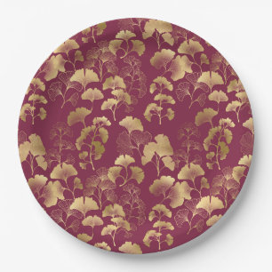 Luxe gouden Ginkgo-bladeren op diepe bordeauxrood Papieren Bordje