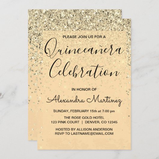 Luxe Gouden Girly Glitter Sparkle Quinceanera Kaart (Voorkant / Achterkant)