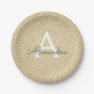 Luxe Gouden Glitter & Glans Monogram Verjaardag Papieren Bordje