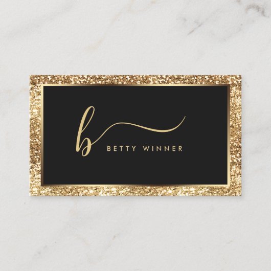 Luxe Gouden Glitter Lijst Modern Script Monogram Visitekaartje (Voorkant)
