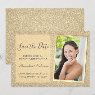 Luxe Gouden Glitter Sweet 16 Save the Date Kaart