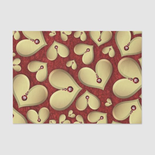 Luxe Gouden Hart met Rode Pareltjes op Deep Red Tissuepapier (Voorkant)