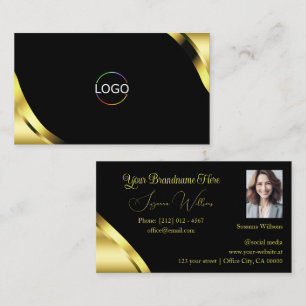Luxe gouden hoeken op zwart met logo en foto visitekaartje