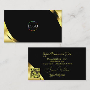 Luxe gouden hoeken op zwart met logo en QR-code Visitekaartje