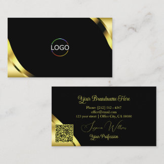 Luxe gouden hoeken op zwart met logo en QR-code Visitekaartje