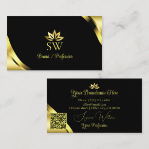 Luxe gouden hoeken op zwart met monogram QR-code Visitekaartje