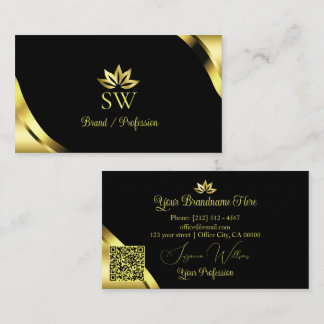 Luxe gouden hoeken op zwart met monogram QR-code Visitekaartje