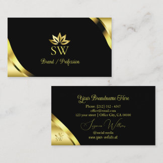 Luxe gouden hoeken op zwart met monogram visitekaartje