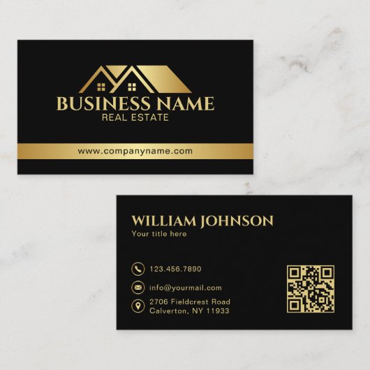 Luxe Gouden Huis Vastgoed QR Code Zwart Visitekaartje (Voorkant / Achterkant)