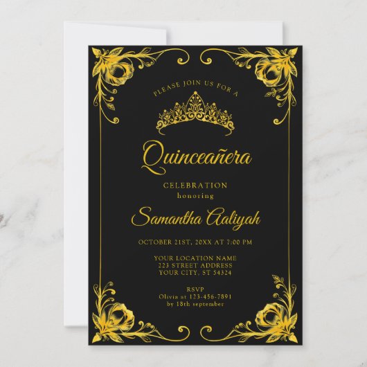 Luxe Gouden Kroon Zwart en Goud Quinceanera Kaart (Voorkant)