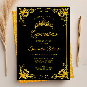 Luxe Gouden Kroon Zwarte en Gouden Quinceanera Kaart